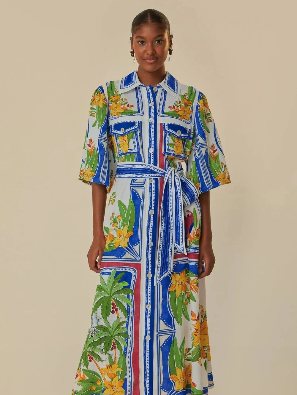 FARM Rio White Midi Shirt Dress with Blue Stripes and Yellow Floral Print - Picture 6 of 7